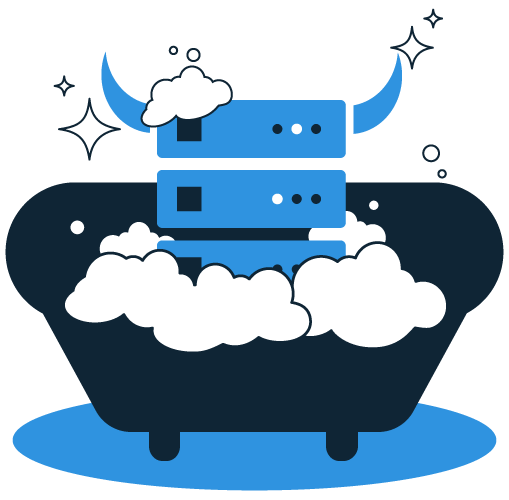 Server stack with horns in a bath tub with bubbles