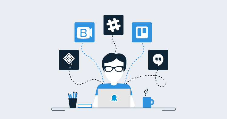 Avatar sitting at a desk using a laptop with a blue Octopus sticker on it.