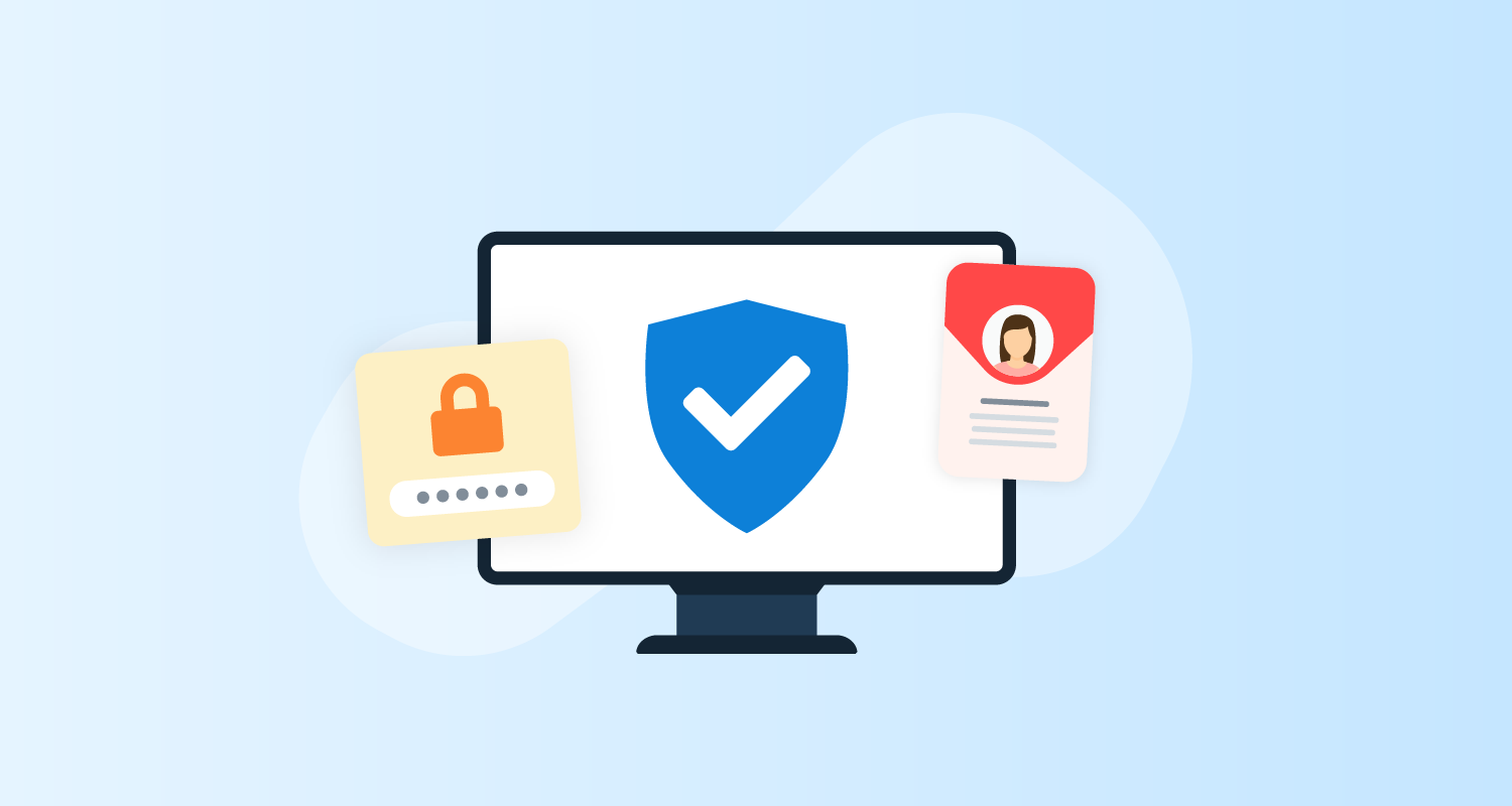 Padlock password icon and security badge icon beside a computer screen with security shield icon on screen.