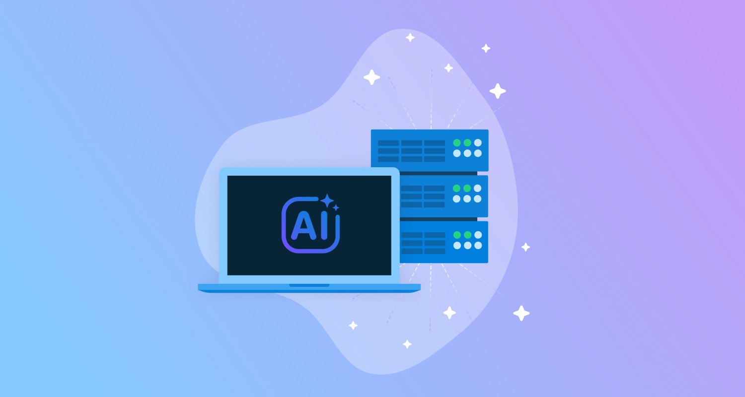 A laptop with an AI logo displayed on the screen, with a powerful AI server sitting behind it.