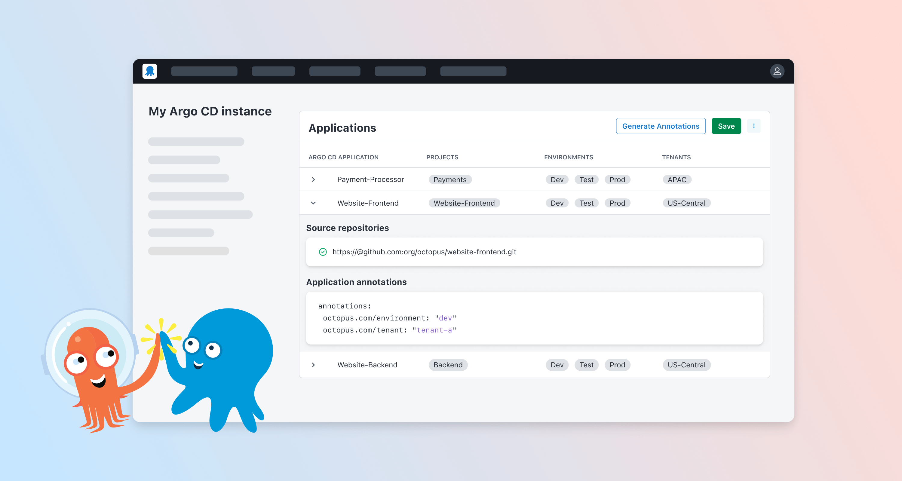 Octopus observing Argo CD in Octopus UI
