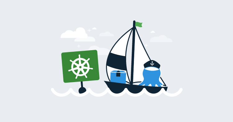 An octopus sailing a yacht around a Kubernetes marker.