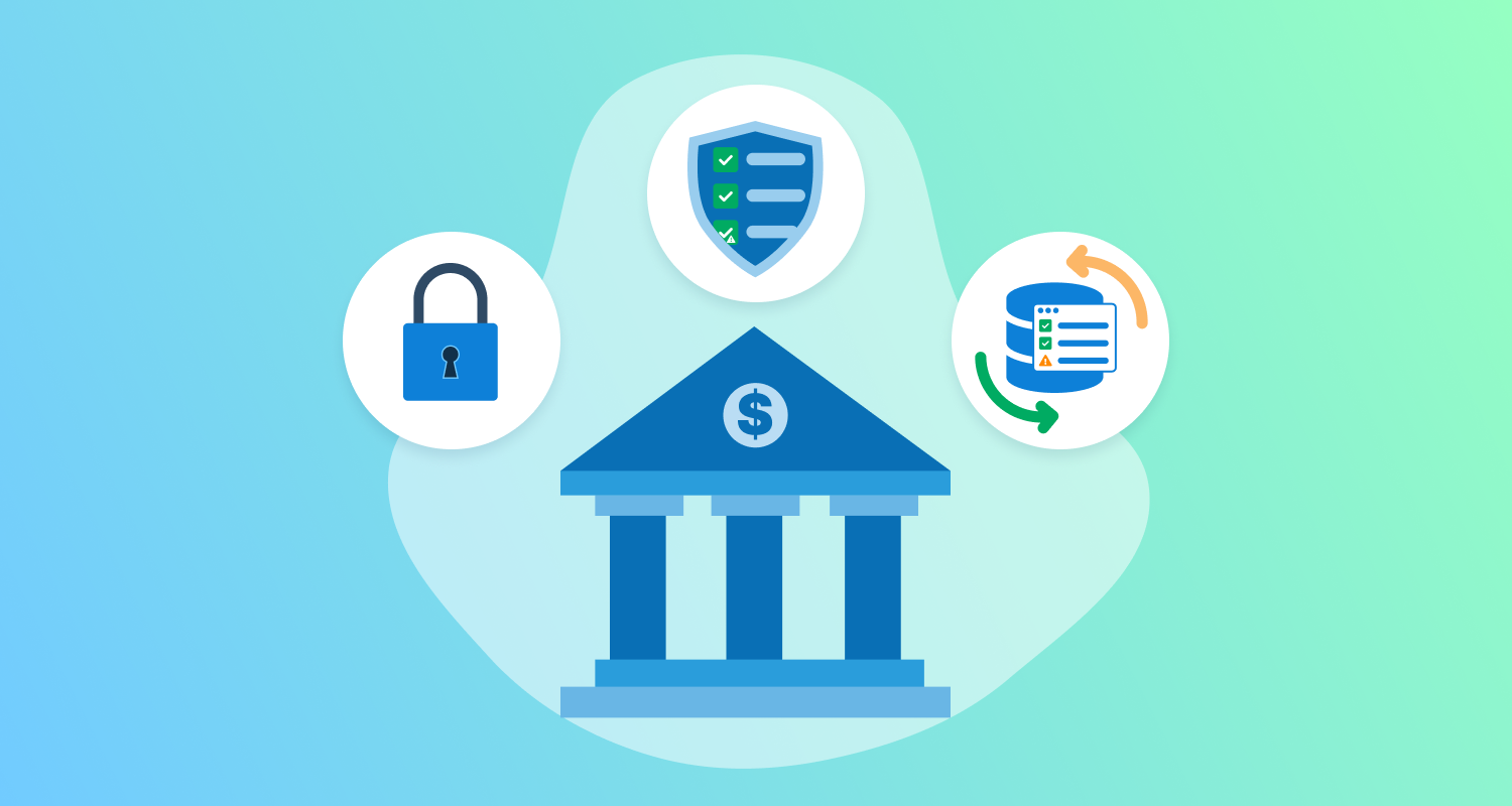 Building with three pillars and dollar symbol surrounded by icons that represent security and compliance.