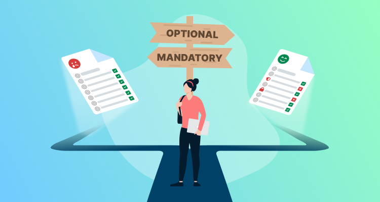 A person standing at a crossroads between two paths, with directional signs pointing to "Optional" and "Mandatory" while holding checklists showing different completion patterns.