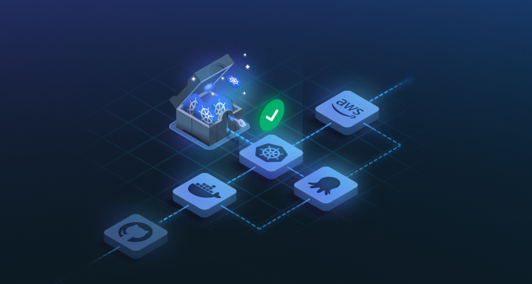 Tech toolbox with Kubernetes logo, surrounded by icons for GitHub, Docker, Kubernetes, AWS, and Octopus Deploy, connected by a CD pipeline.