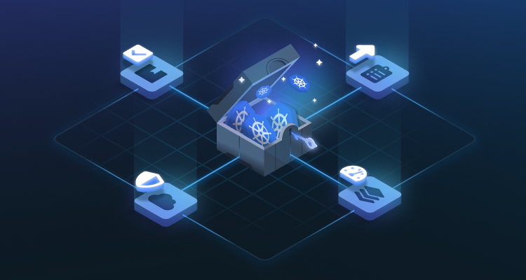 Illustration of a toolbox containing Kubernetes logos, surrounded by icons representing software tools, interconnected on an isometric grid.
