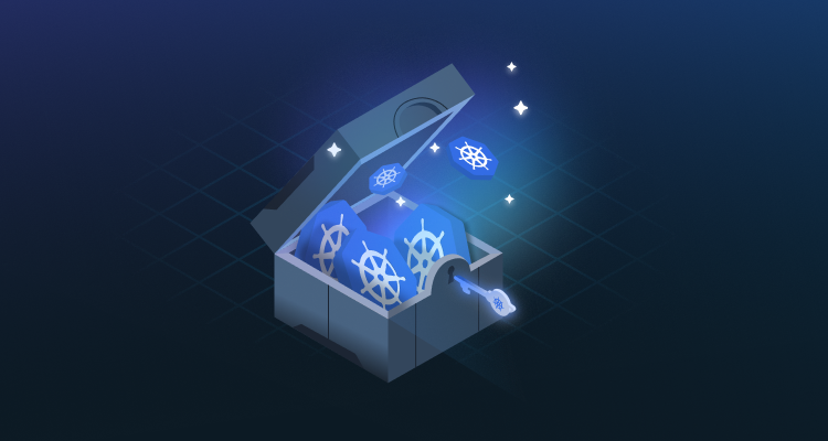 An illustration of a box that's being unlocked, containing Kubernetes logos, set against a dark blue gradient background.