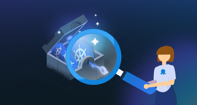 Stylized person with a magnifying glass observing a box that's being unlocked, containing Kubernetes logos.