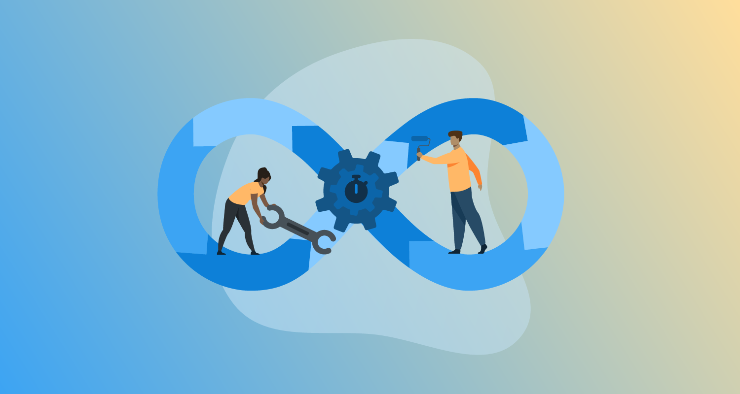 Stylized image of two people doing maintenance work on a DevOps infinity symbol with a cog and timer at its center.
