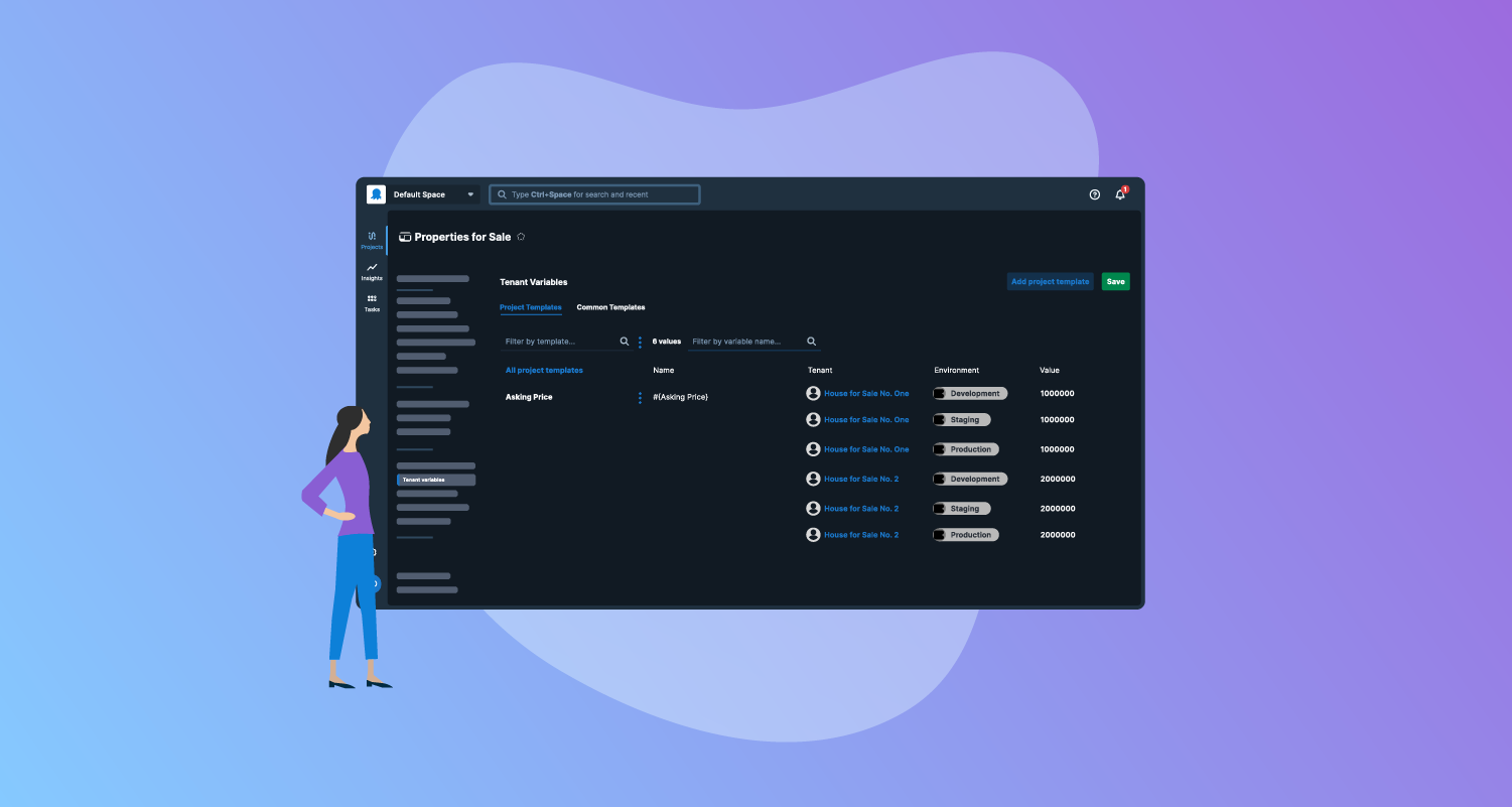 Graphic image of woman viewing scoped tenant variables page.