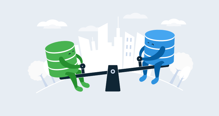 Illustration showing two database (one green and one blue) on a seesaw
