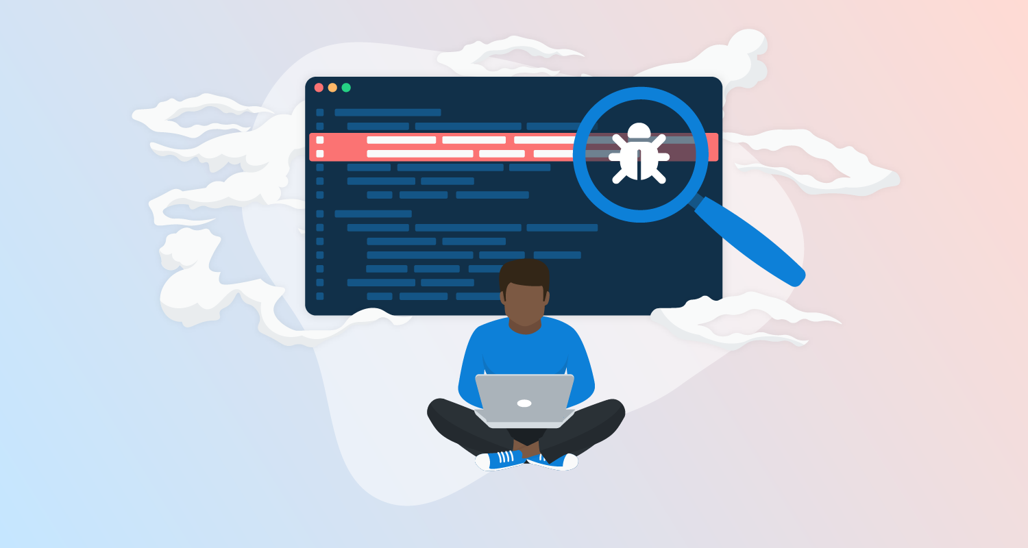 Oversized screen with a magnifying glass finding bugs in code, surrounded by smoke. Person sits in front, cross-legged with laptop in lap.