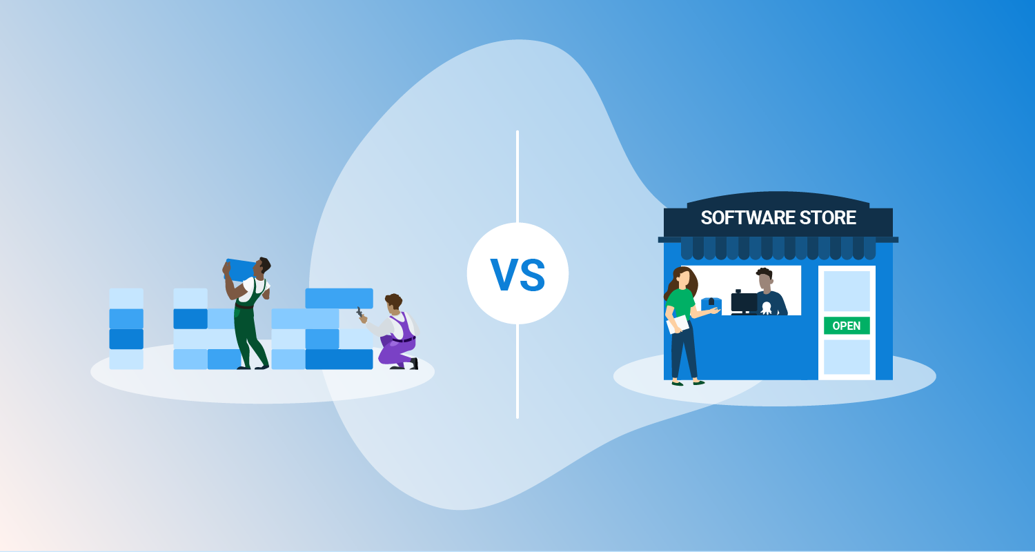 Two people building with blocks vs someone at a storefront of a software store