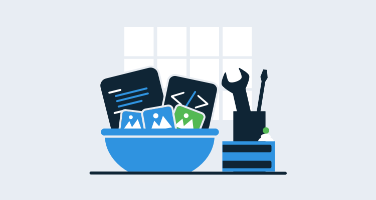 Illustration showing building a cake w/ code, markdown and images in a mixing bowl