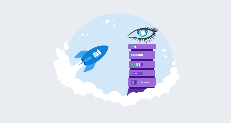 A blue rocket branded with the Liquibase logo is headed towards a purple, Cassandra-branded tower which is a stylized, oversized database icon