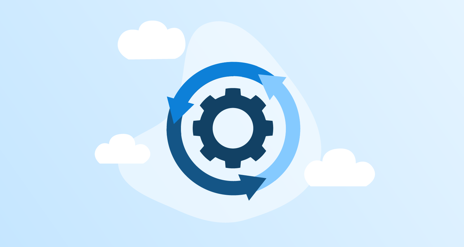 A cog surrounded by three arrows connected in a circle sits amongst clouds