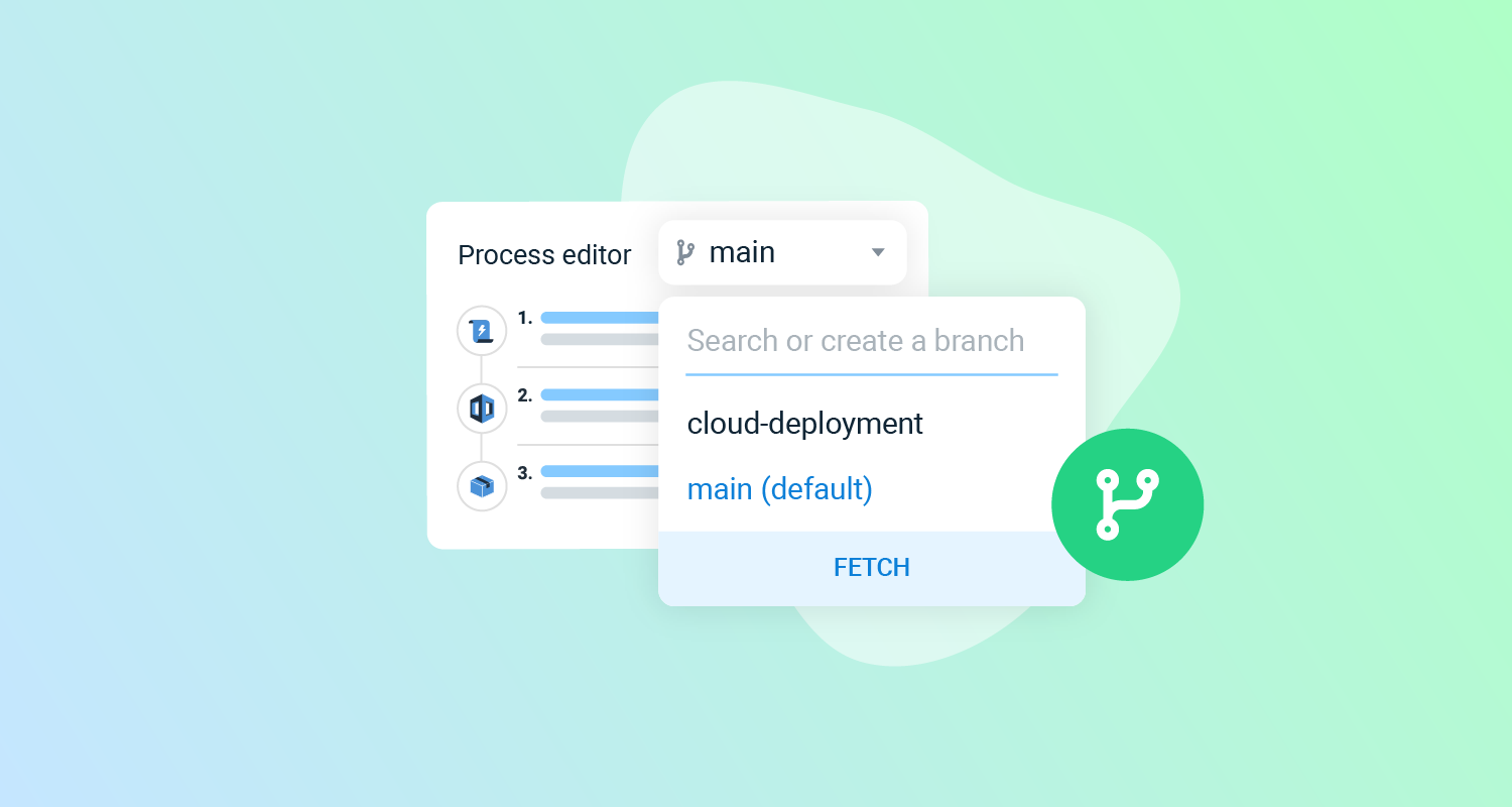 A simplified Octopus process editor UI is overlaid with a Config as Code branch switcher.
