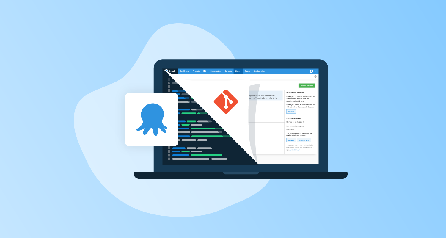 Octopus Deploy logo and laptop screen showing Octopus Control Center, peeled up on one corner showing the code behind it.