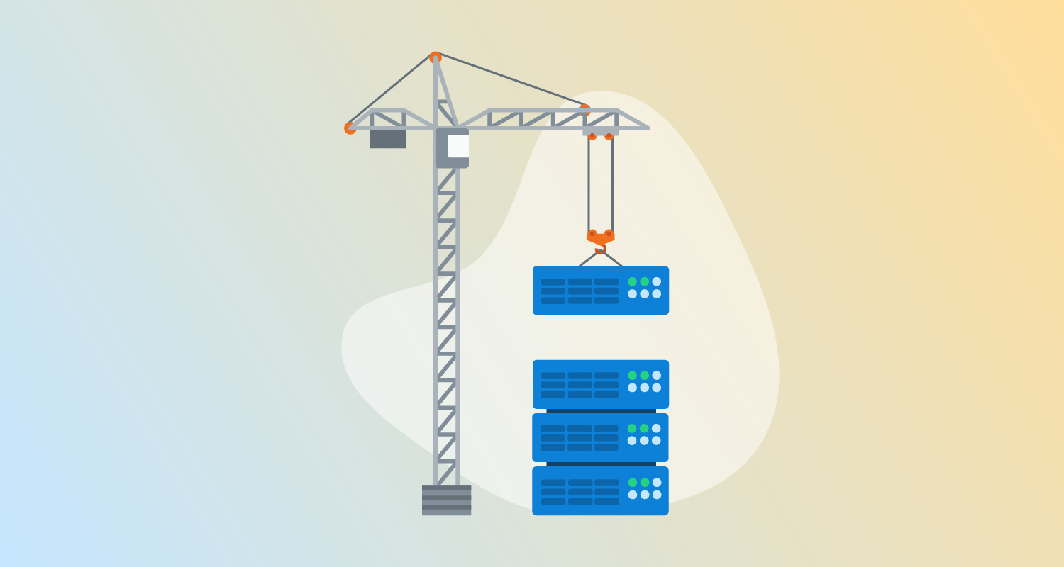A crane lowering one level of a database server onto three levels already stacked up below it.