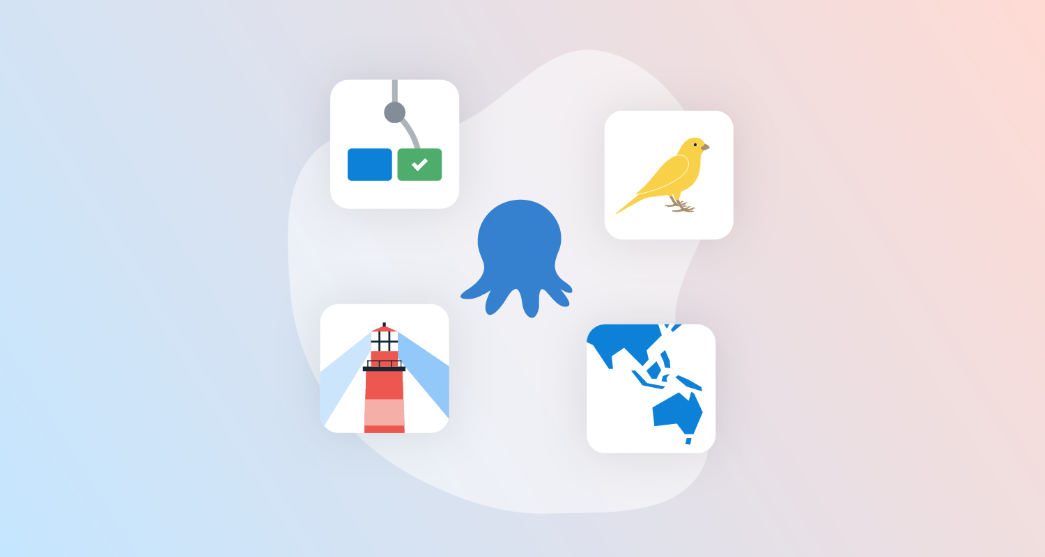 Octopus logo surrounded by four blocks, representing deployments types of blue/green, canary, rolling/lighthouse, and multi-region.