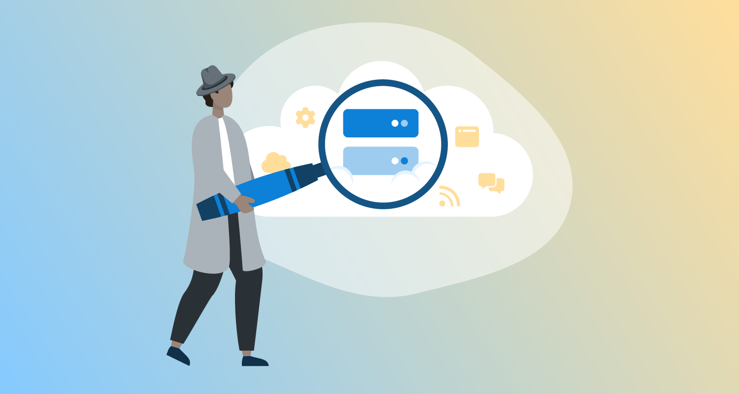 Detective figure with a hat and trench coat holds a giant magnifying glass over a cloud revealing a server.