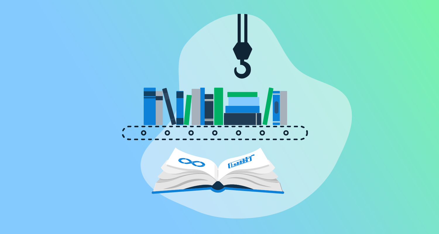 Open book sits below a conveyer belt of books