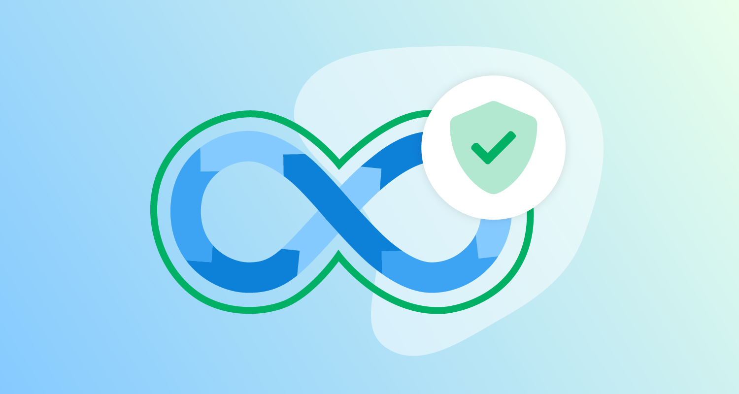 Blue DevOps infinity diagram outlined in green with a green security shield over the right top-hand corner.