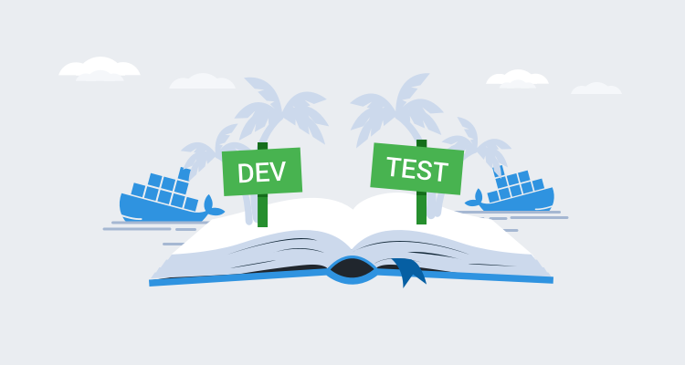 Illustration showing a book of docker lessons learned for development and testing