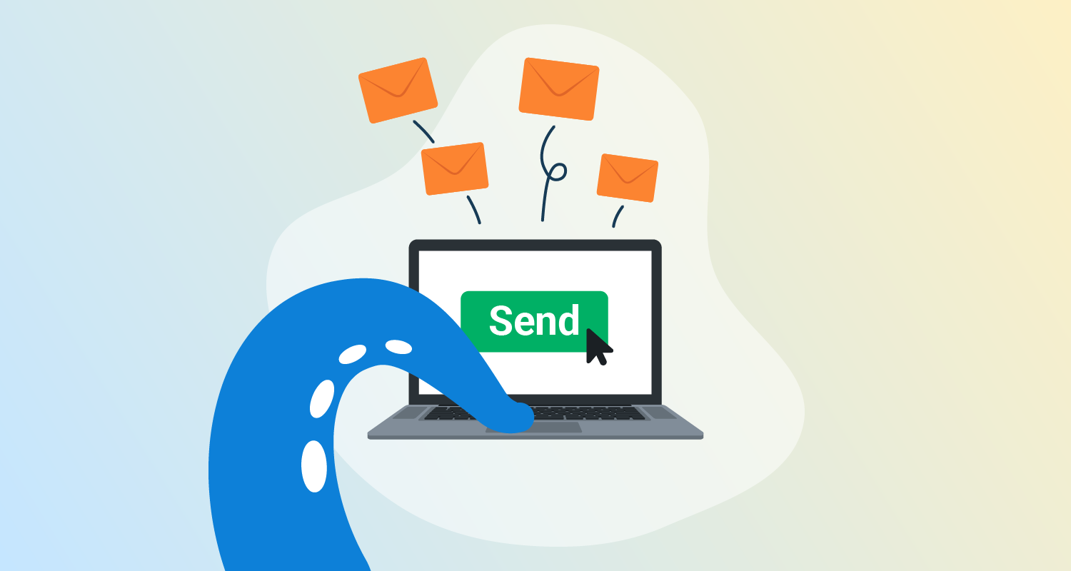 Octopus arm presses button on open laptop with send written on screen in a green box and orange envelopes springing up behind laptop.