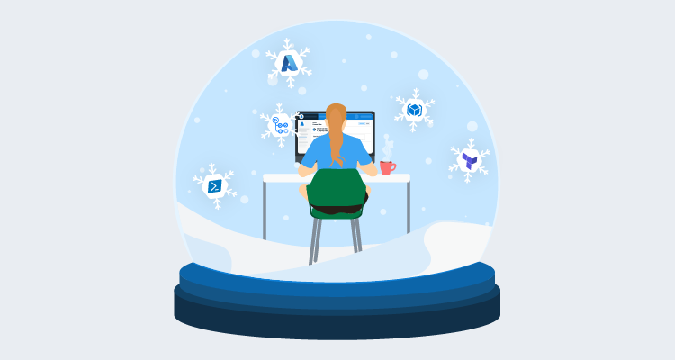 A festive snow globe featuring a person at a computer using the Octopus website.