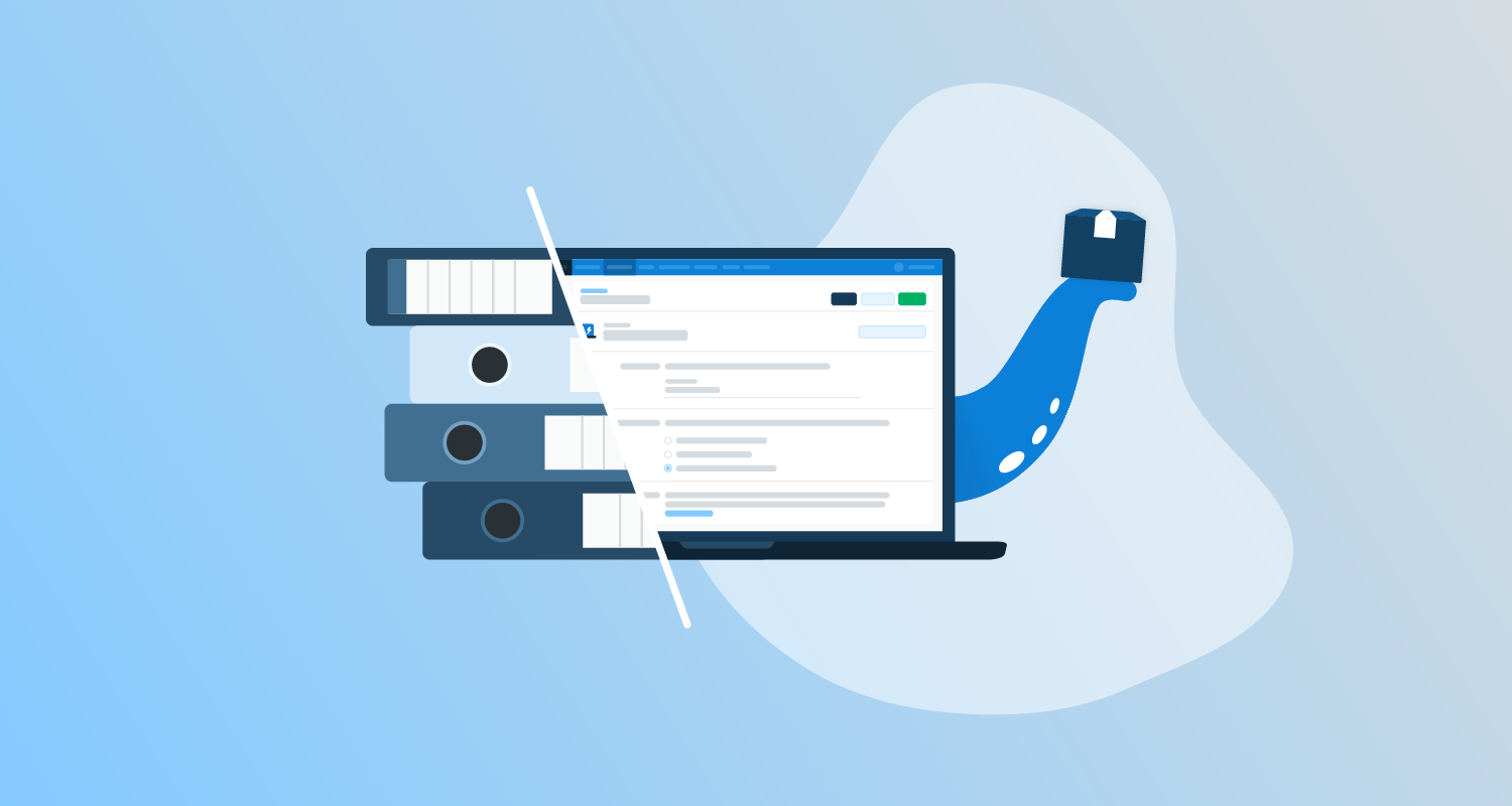 Split view of a pile of folders and a laptop screen with an Octopus tentacle emerging out the side.