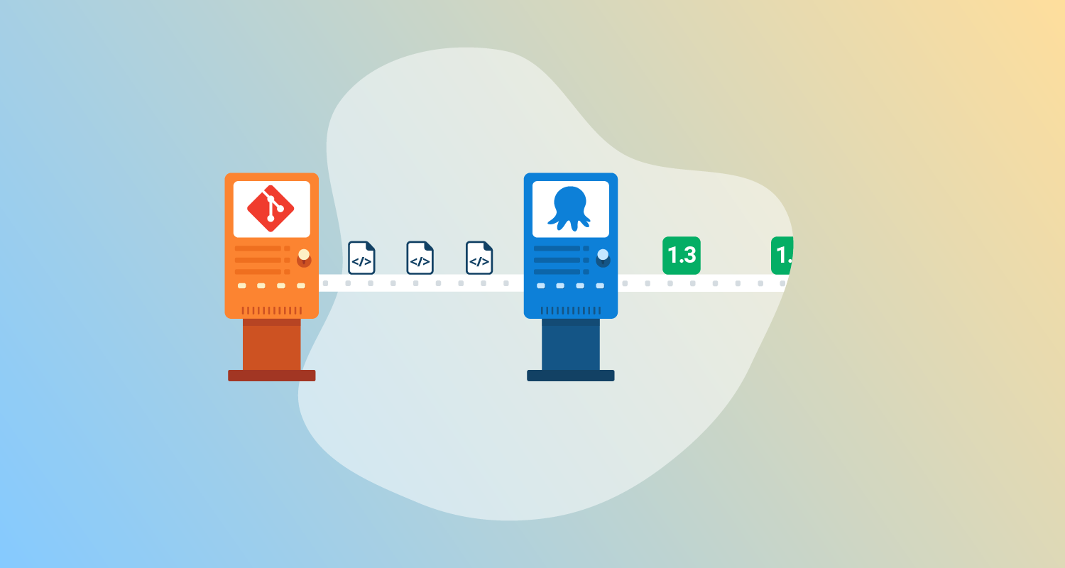 Code packages coming out of a Git machine, moving along a conveyor belt into an Octopus machine, then becoming versioned releases.