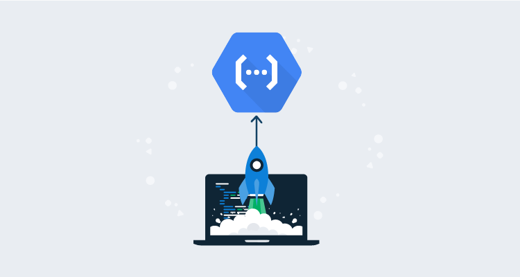 laptop with code on screen sits behind a rocket ship that is launching towards Google Cloud Functions logo above