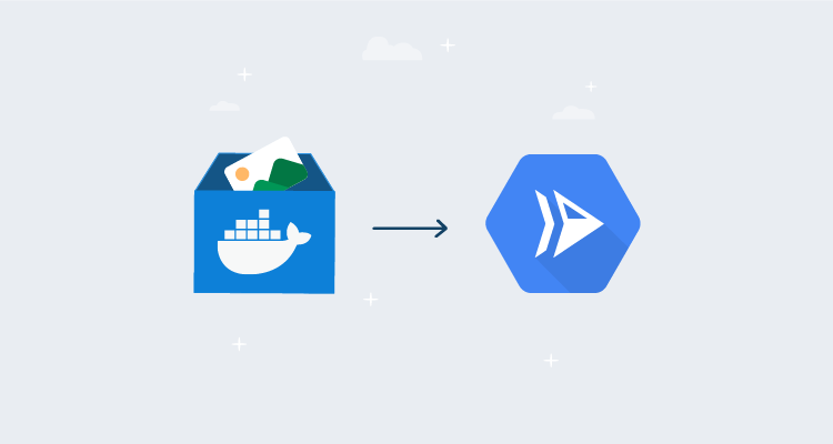 A Docker branded box of images moving towards the Google Cloud Run logo