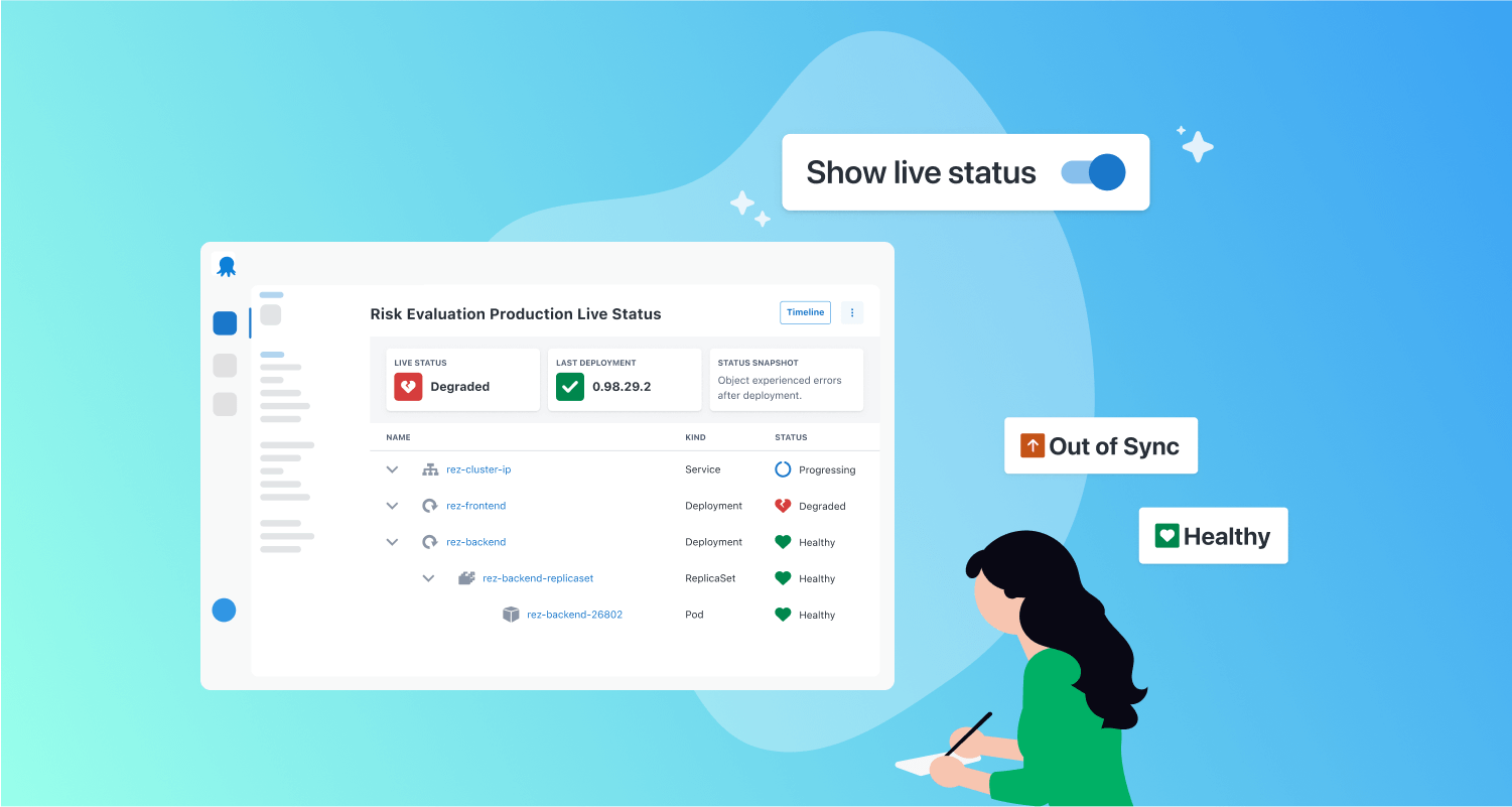 Stylized image of a designer thinking about the Kubernetes live status interface.