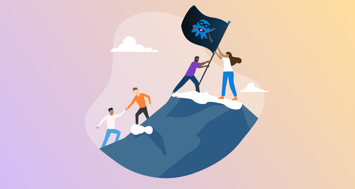 Stylized image of people scaling a rock in the clouds, helping each other up, with 2 people at the top