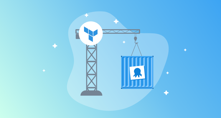 Terraform branded crane lifting an Octopus branded box.