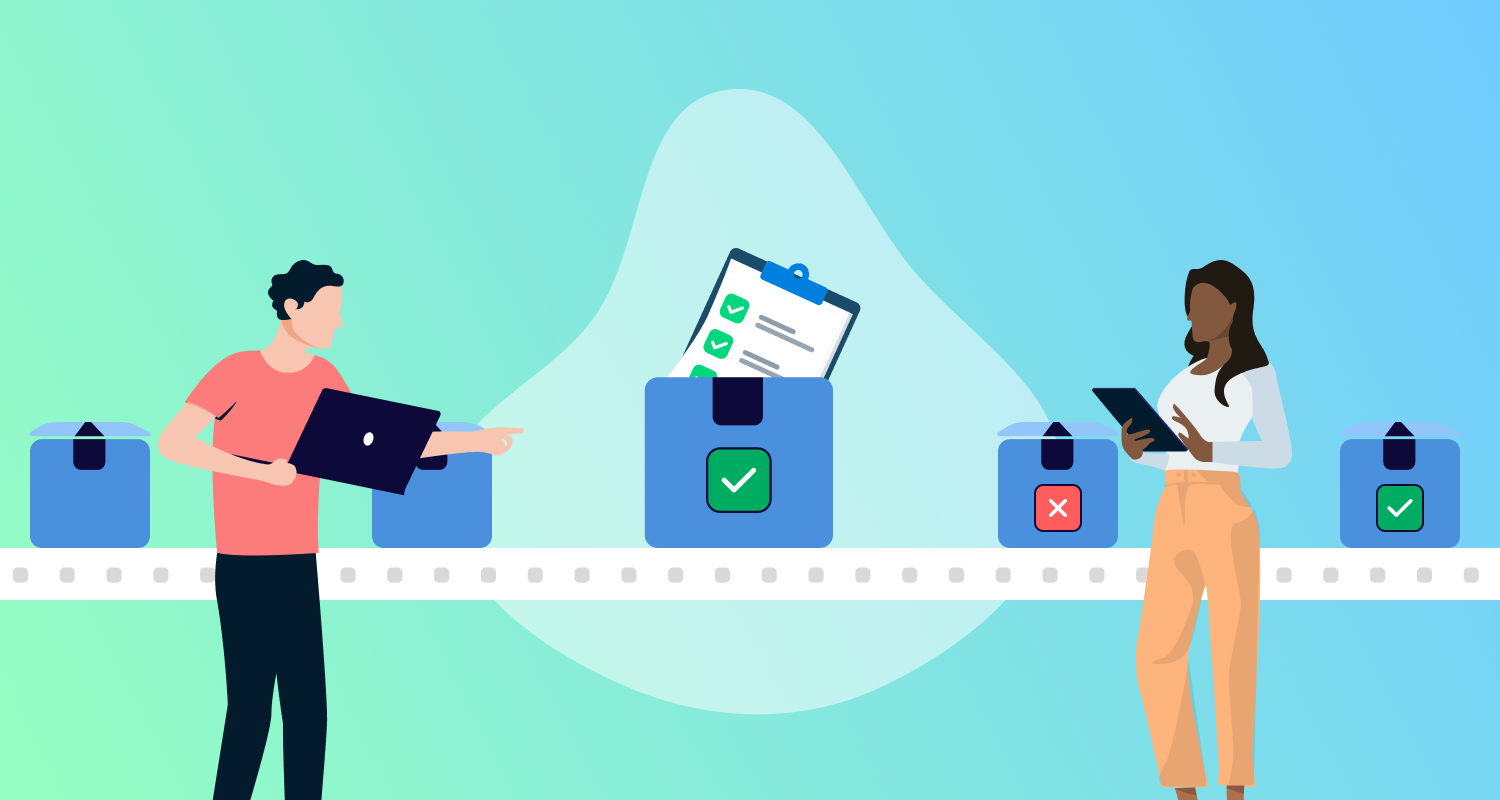 Two people inspect packages on a conveyor belt, marking them with check or cross symbols based on clipboard data.