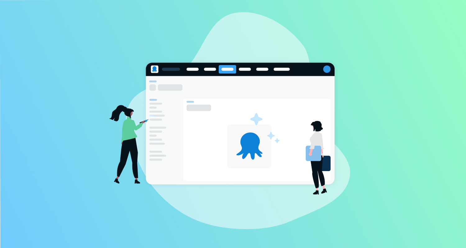 Person painting an oversized Octopus UI screen and another looking on with oversized color swatches.