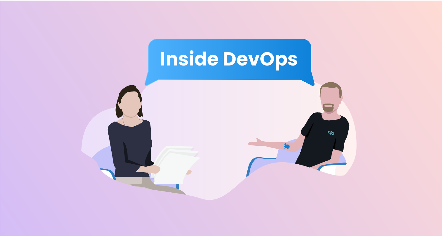 Stylized image of Joanna and Jason seated and talking to each other with a speech bubble that says Inside DevOps
