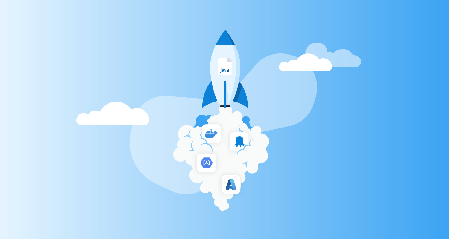 Blue rocket amongst clouds to represent deploying a Java application, with Docker, GCR, Azure, and Octopus logos in the rocket's steam.