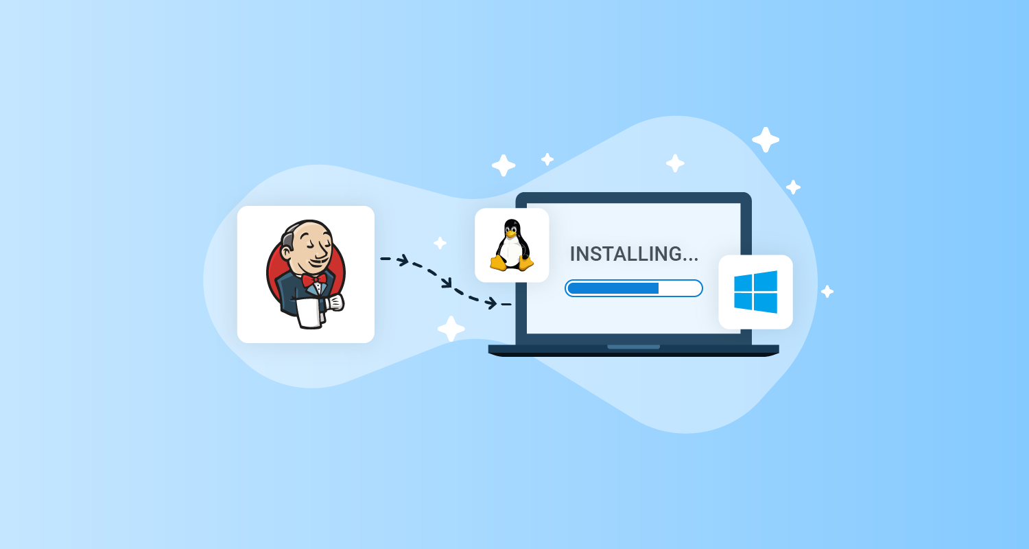 The Jenkins logo, Windows logo, Linux logo and a laptop.