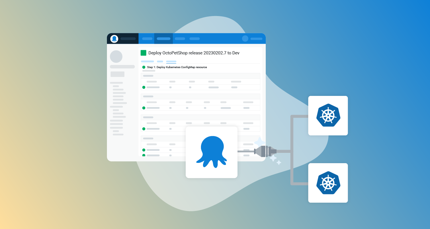 Octopus logo connected to two Kubernetes logo in front of a stylized Octopus dashboard