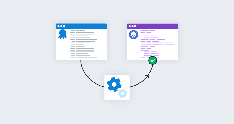 Octopus website window with a cog icon connecting it to another window generating the K8 YAML file