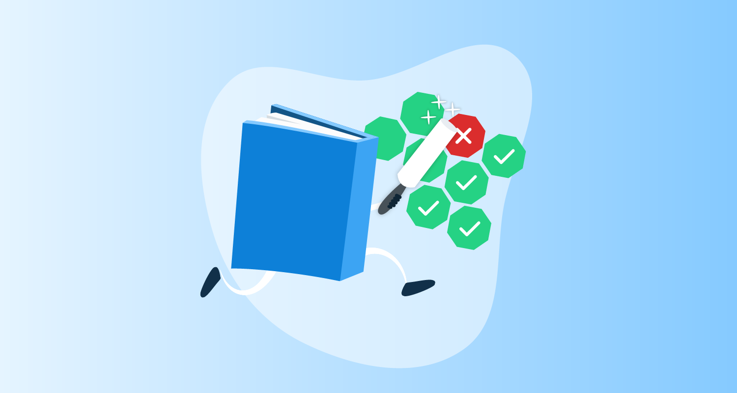 Picture of a cartoon book running with a lint roller cleaning and checking Kubernetes shapes