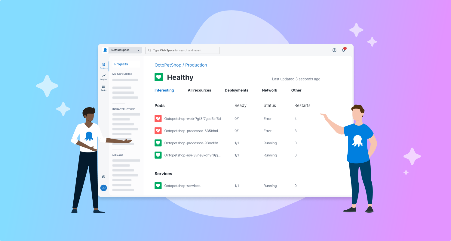 Stylized image of Kubernetes Live Object status in the Octopus UI showing a healthy status.