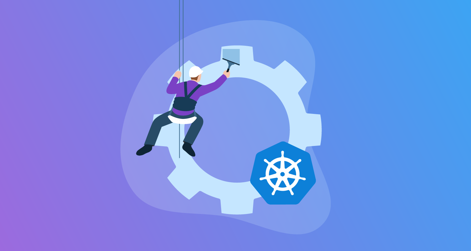 Window cleaner cleaning a cog beside a Kubernetes logo