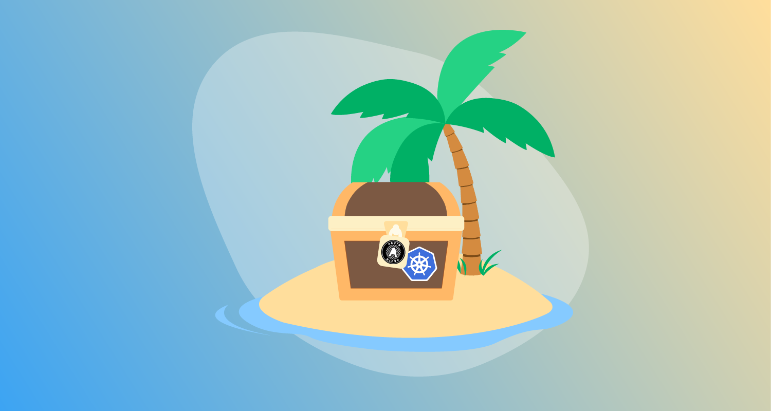 Treasure chest with Kubernetes logo sticker sits under a palm tree on a desert island