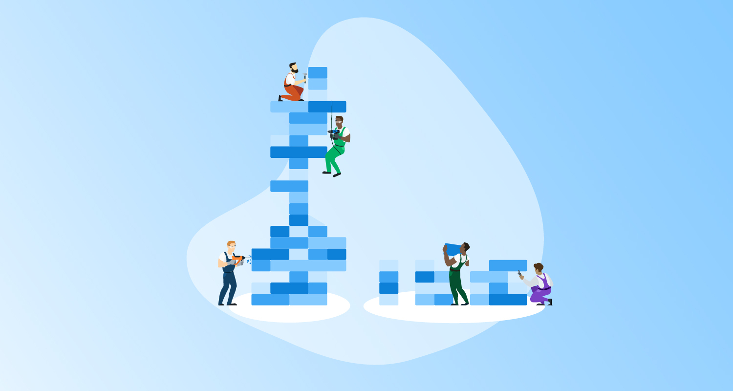 3 people building an unstable looking tower with blue blocks, beside 2 people building a stable, lower tower with blue blocks