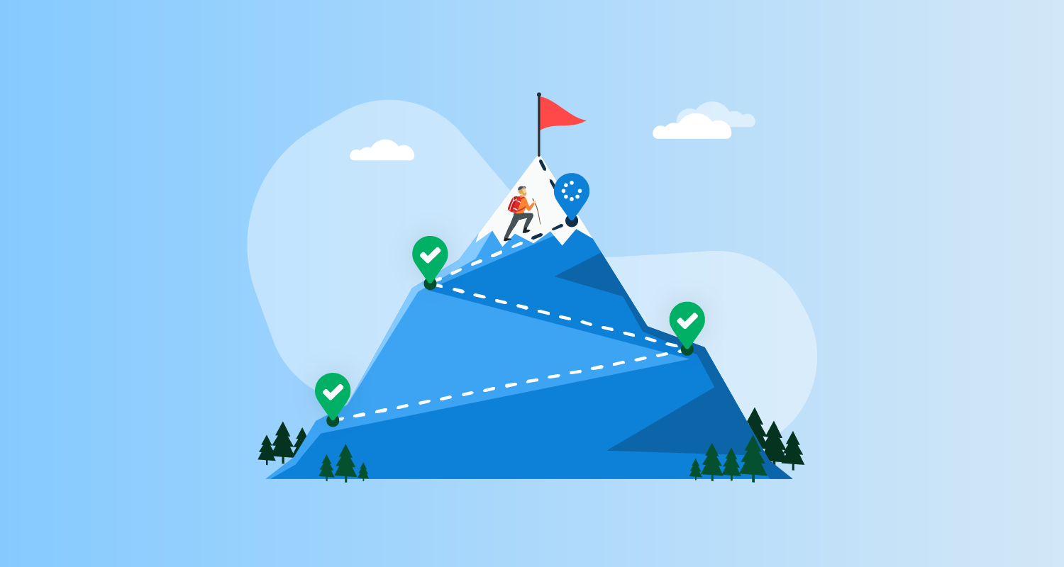Mountain with a path using checkpoints with green ticks to show completed checks from start to finish. A person nears a red flag at the summit.
